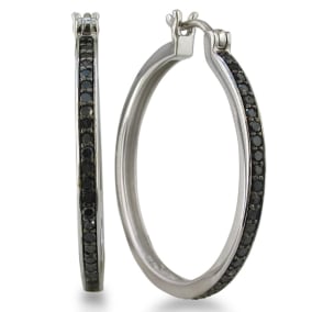 1/2ct Black Diamond Hoop Earrings in Sterling Silver, Over 1 Inch. 