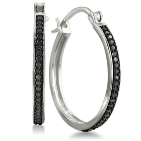 1/4ct Black Diamond Hoop Earrings In Sterling Silver.  Very Popular Full Hoop!