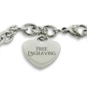 Ladies Dangling Single Heart Charm Bracelet in Stainless Steel With Free Custom Engraving