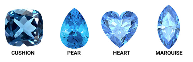 Fancy Blue Topaz Gemstone Shapes Include Cushion, Pear, Heart, and Marquise Cuts