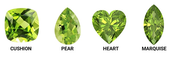 Fancy Peridot Gemstone Shapes Include Cushion, Pear, Heart, and Marquise Cuts