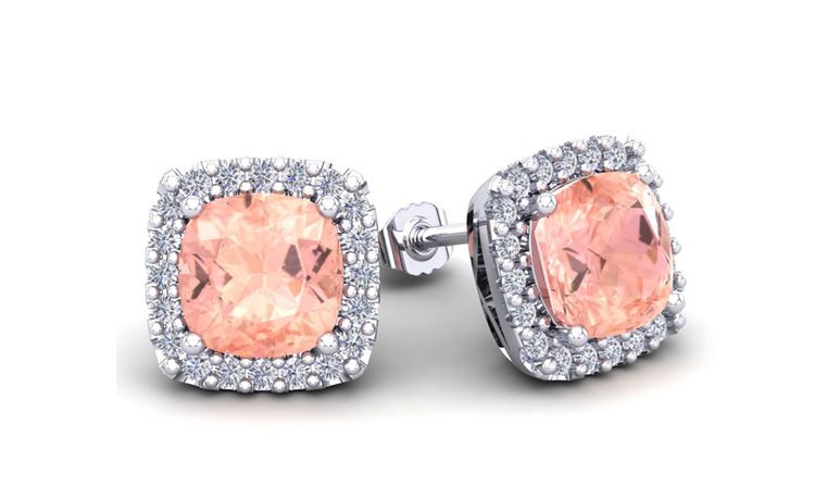 6 3/4 Carat Cushion Cut Morganite and Halo Diamond Stud Earrings In 14 Karat White Gold