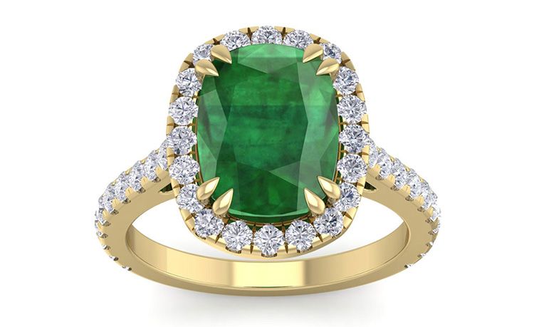 5 1/2 Carat Cushion Cut Zambian Emerald and Diamond Ring In 14Karat Yellow Gold