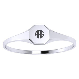 14K White Gold Ladies Octagon Signet Ring With Free Custom Engraving