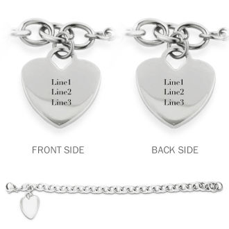 Ladies Dangling Single Heart Charm Bracelet in Stainless Steel With Free Custom Engraving