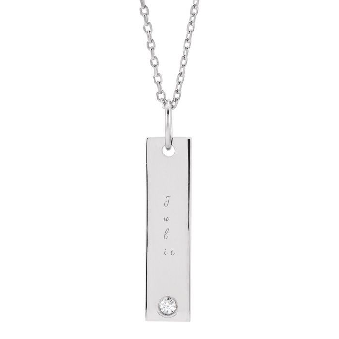 14K White Gold 0.03ct Diamond Vertical Bar Necklace With Free Custom ...