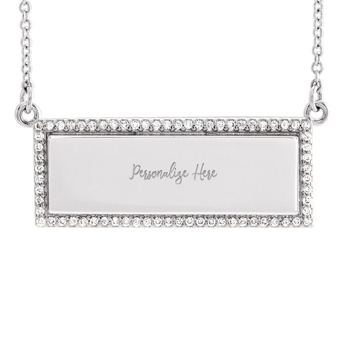 White Gold Bar Necklace Engraved Deals 