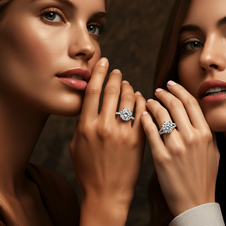 Selection of lab-grown diamond rings from SuperJeweler, featuring classic, halo, and three-stone designs.